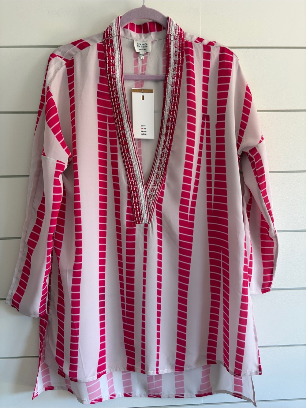 Hemant & Nandita V-Neck Tunic with Beaded Trim NWT Size Medium